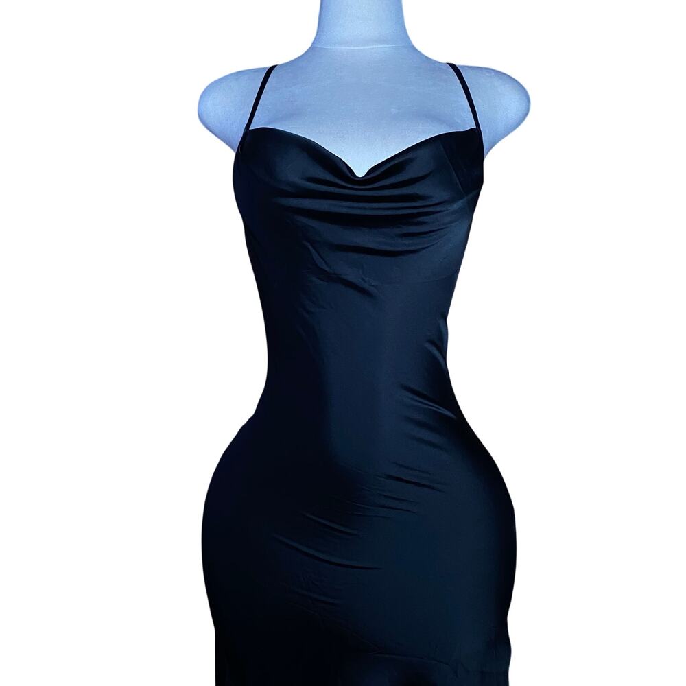 Y2K Black Satin Fitted Maxi Dress Cowl Neck Open Cross Back Glam Baddie Formal